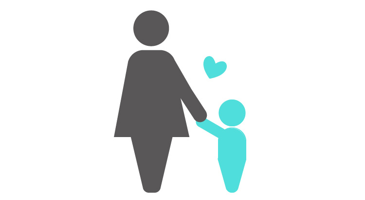 女性が子供と手を繋ぎ、中央にハートが描かれているイラスト