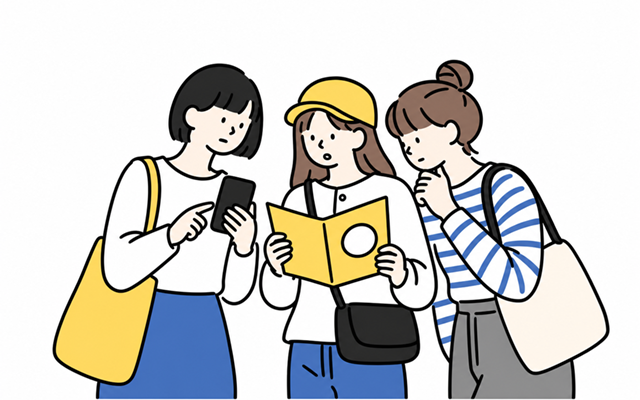 スタンプラリーのスポットを巡る順番を話し合っている